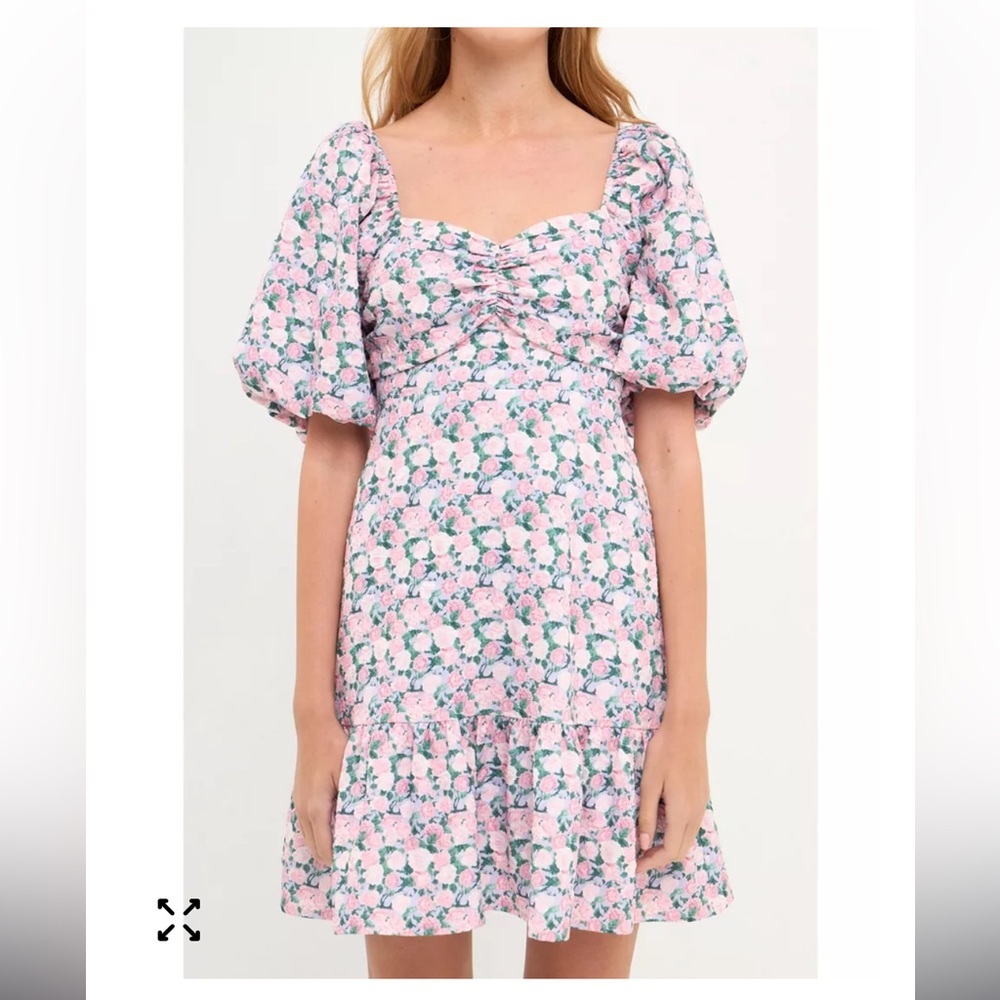 English Factory Textured Floral Puff Sleeve Mini Dress Pink • Size M